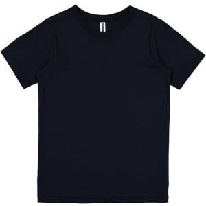 A navy short sleeve tee with a plain design and a neck label, featuring a logo on the inside.