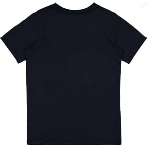 A navy blue short sleeve t-shirt featuring a logo on the back. Ideal for kids' casual wear.