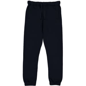 A pair of navy track pants featuring an elastic waistband and cuffs, with pockets on the sides and a logo.