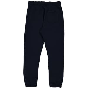 Navy track pants with an elasticated waist and a single back pocket, featuring a logo.