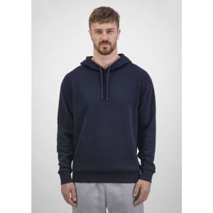 A navy blue men's hoodie featuring a drawstring hood and a front pocket, modelled by a man.