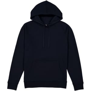 A navy blue hoodie featuring a front pocket and a hood, with an added branding logo.