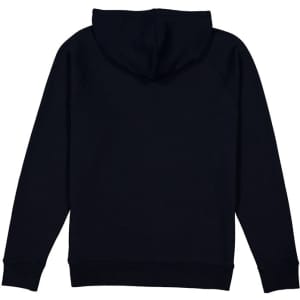 A black hoodie featuring a hood and long sleeves, with a logo on the back.