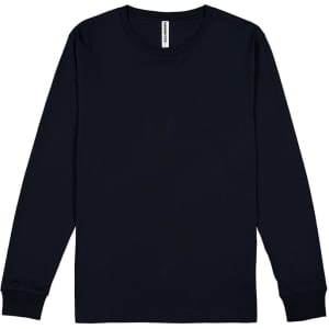 A long sleeve tee in navy blue with a round neckline and cuffs, featuring a logo at the neck.