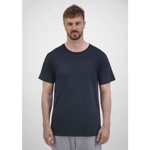 A navy short sleeve tee for men, featuring a round neckline and a simple, clean design. The shirt has a logo.
