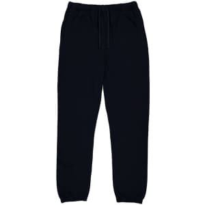 A pair of navy track pants with an elastic waistband and cuffs, featuring a drawstring. It has a logo.