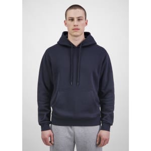 A navy men's hoodie with a front pocket and drawstring hood, modeled by a man, against a plain background.