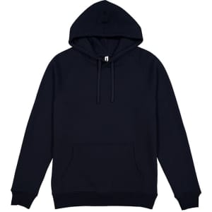 A navy blue men's everyday hoodie featuring a front pocket and a drawstring hood, with a logo present.