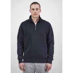 A black men's 1/4 zip sweatshirt with a high collar and a front zipper, featuring a logo.