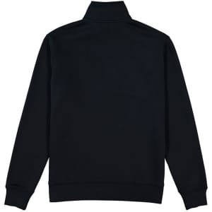 A black men's jumper with a 1/4 zip and a high collar, featuring a logo on the back.
