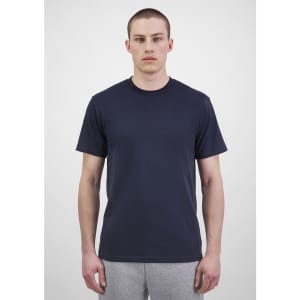 A men's short sleeve tee in navy blue, featuring a classic crew neck and a fitted style.