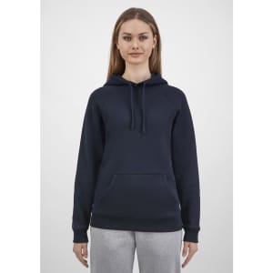 A dark navy women's hoodie featuring a front pocket and drawstring hood, modelled by a woman.