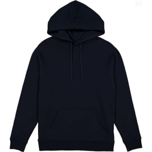 A navy hoodie with a hood, long sleeves, and a front pouch pocket. It features a logo.