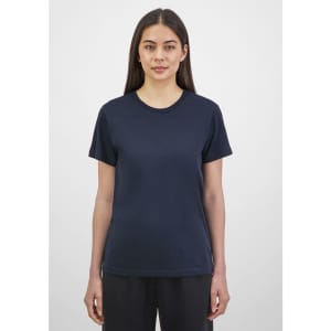 A women's short sleeve tee in navy blue, featuring a simple design and a logo on the garment.