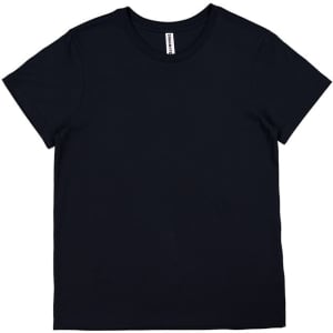 A navy women's short sleeve tee with a simple design and a logo on the label.