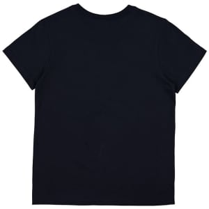 A navy blue short sleeve tee with a straight cut, featuring a simple design and a logo on the back.