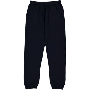 Navy women's track pants with an elastic waistband and cuffs, featuring two side pockets and a logo.