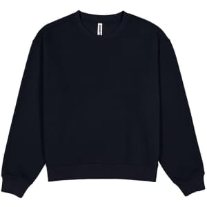 A navy crew sweatshirt with long sleeves and a simple, unembellished design. It features a logo on the label.