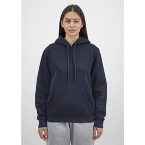 A navy women's hoodie featuring a front pocket and drawstring hood. The model is standing against a plain background.