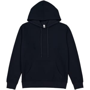 A navy women's hoodie featuring a front pocket and drawstring details, with a logo present.