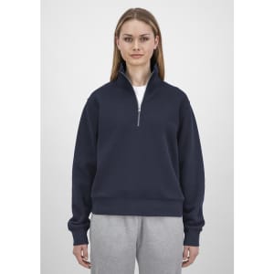 A navy blue women's 1/4 zip sweatshirt with a high collar and long sleeves, featuring a logo.