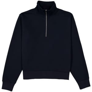 A navy women's jumper featuring a 1/4 zip and a high collar, complete with long sleeves.