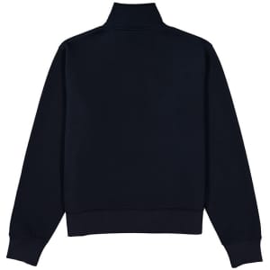 A women's navy 1/4 zip jumper with a high collar and ribbed cuffs, featuring a logo on the back.