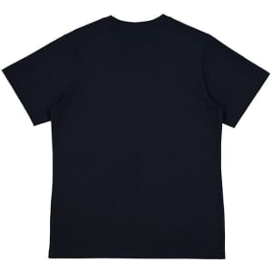 A women's short sleeve tee in navy blue with a solid back and a small logo.