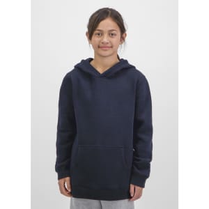 A navy hoodie for kids with a front pocket and an attached hood, displayed on a child model.