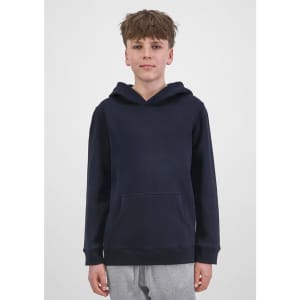 A navy blue hoodie with a front pocket, featuring a hood and a relaxed design. It has a logo on the side.