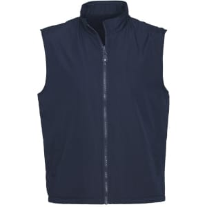 A unisex reversible fleece vest in navy blue featuring a front zipper and no sleeves. Includes a logo.