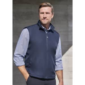 A unisex reversible fleece vest in navy, featuring a zip front and a stand-up collar. It has a small logo on it.
