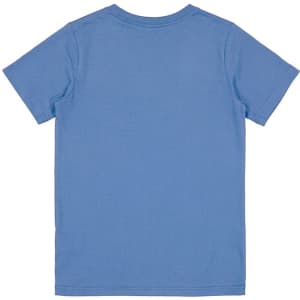 A blue short sleeve tee for kids, featuring a plain back and a subtle logo.