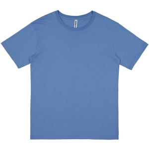 A blue short sleeve tee with a round neckline and a label inside, featuring a logo.