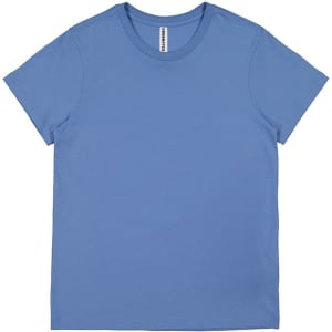 A blue women's short sleeve tee, featuring a round neckline and a label inside the collar.