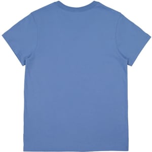 A blue women's short sleeve tee featuring a plain design and a logo on the back.