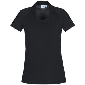 A women's short sleeve polo shirt in black, featuring a v-neck and a logo on the collar.