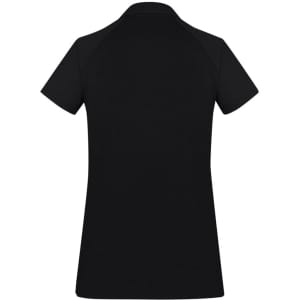 A black women's short sleeve polo shirt with a simple design and a logo on the back.