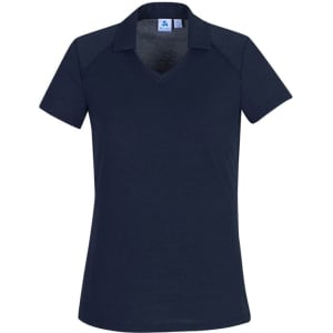 A navy women's polo shirt with short sleeves and a v-neck design, featuring a logo on the collar.