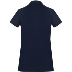 A navy women's polo shirt with short sleeves and a collared neckline, featuring a logo on the back.