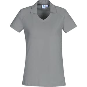 A grey women's polo shirt with short sleeves and a V-neck, featuring a logo on the chest.