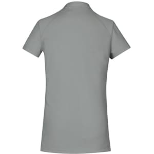 A women's short sleeve polo shirt in a light grey colour, featuring a collar and a logo on the back.