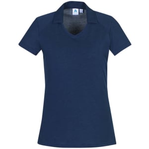 A navy women's short sleeve polo shirt featuring a V-neck design and a collar. It has a logo on it.