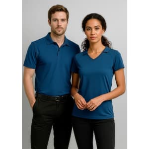 A blue short sleeve polo shirt styled on a male model and a blue short sleeve top on a female model, both with logos.