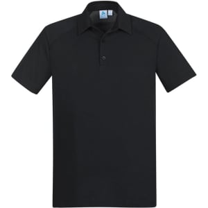 A black men's polo shirt with short sleeves and a collar, featuring a logo on the chest.