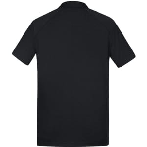 A black short sleeve polo shirt with a collar and a logo. The design features a simple and classic style.