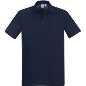 A navy short sleeve polo shirt featuring a collar and a branded logo. Casual and versatile design.
