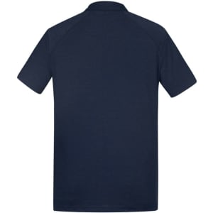 A navy short sleeve polo shirt with a back view, featuring a simple design and a logo.