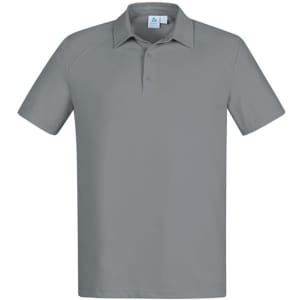 A light grey short sleeve polo shirt with a collar and a logo on the chest.