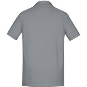 A grey short sleeve polo shirt with a collar, featuring a logo on the back.